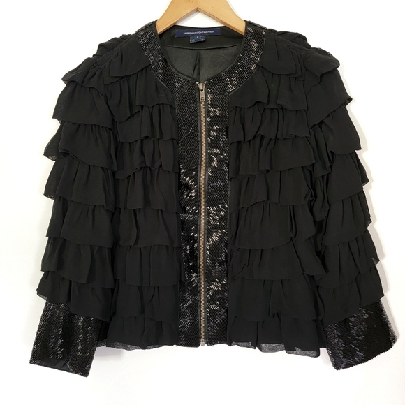 French Connection Black Ruffle Sequin Zip Front Jacket Size 2 - Picture 1 of 15